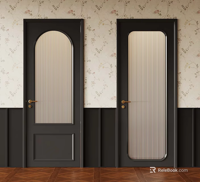 Black Wooden Doors With Frosted Glass Panels Against Floral Wallpaper And Dark Wainscoting 3d model 