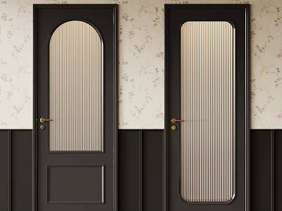 Black Wooden Doors With Frosted Glass Panels Against Floral Wallpaper And Dark Wainscoting 3d model