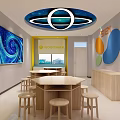 School Interior With Blue Beige Walls ROBTMAN Sign Wooden Tables And Stools