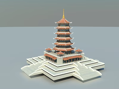 Traditional Chinese Pagoda Tower With Multi Story Design Golden Roof And White Stone Base 3d model