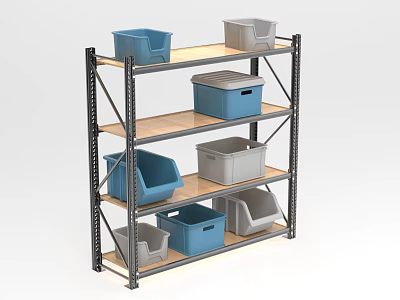 Hardware Tools Storage Shelf With Multiple Layers And Colored Plastic Bins 3d model