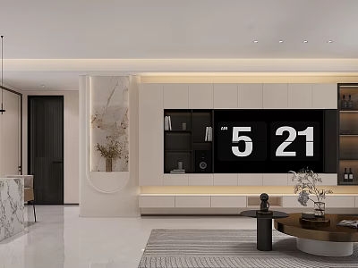 Elegant Modern Living And Dining Room Interior With Custom Built In TV Cabinet And Soft Lighting 3d model