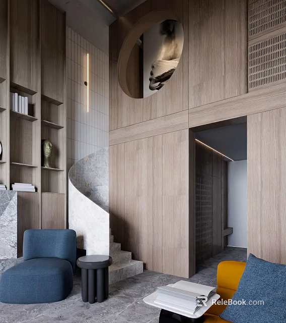 Modern Apartment Interior With Spiral Staircase Wooden Walls And Bookshelves 3d model 