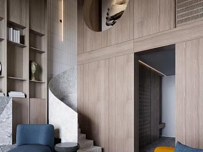 Modern Apartment Interior With Spiral Staircase Wooden Walls And Bookshelves 3d model