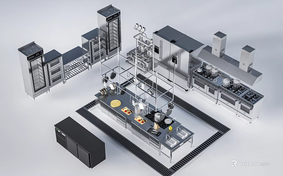 Commercial Stainless Steel Kitchen Equipment Including Ovens Stovetops Refrigerators And Worktables 3d model 