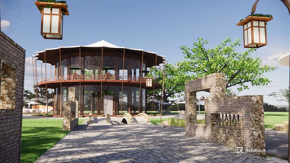 Open Circular Pavilion Exterior With Stone Path Lawn Trees And Lanterns 3d model