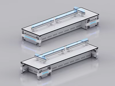Two Modern White Long Office Desks With Blue Lighting Accents 3d model