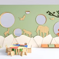 Colorful Kids Table in Green Room with Animal Silhouettes Circular Decorations and Teddy Bear