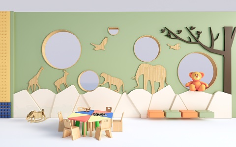 Modern Children's Tables and Chairs Children's Furniture Children's Bookshelf Kindergarten Background Wall 3d model