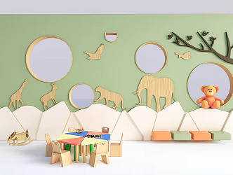 Modern Children's Tables and Chairs Children's Furniture Children's Bookshelf Kindergarten Background Wall 3d model