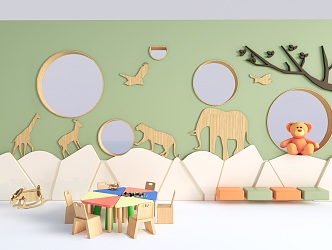 Modern Children's Tables and Chairs Children's Furniture Children's Bookshelf Kindergarten Background Wall 3d model