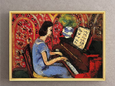 Woman Playing Piano in Blue Dress Portrait Painting with Red Patterned Wallpaper Vase Music Sheet 3d model