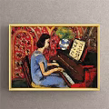 Woman Playing Piano in Blue Dress Portrait Painting with Red Patterned Wallpaper Vase Music Sheet