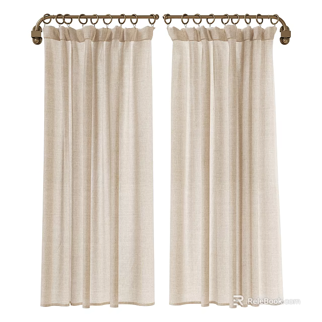 Beige Linen Window Curtains With Pleated Design For Modern Home Decoration 3d model 
