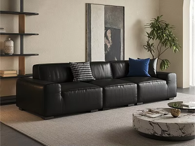 Black Leather Three Seater Sofa with Checkered and Blue Cushions in Living Room with Artwork 3d model