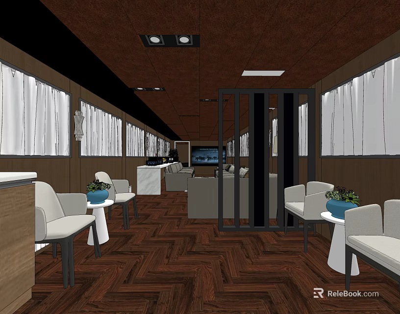 Hotel Guest Room Interior With Herringbone Wooden Flooring White Chairs And Curtains 3d model 