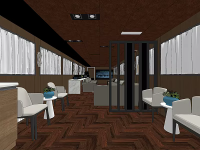 Hotel Guest Room Interior With Herringbone Wooden Flooring White Chairs And Curtains 3d model