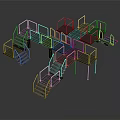 Modular Industrial Metal Platform and Staircase Structure with Handrails Stairs and Reflective Blue Silver Surfaces