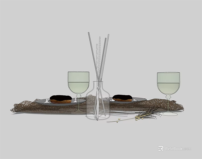Elegant Tableware Set with Glass Cups Aromatic Diffuser Black Plates and Wooden Tray 3d model