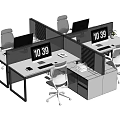 Modern Office Desk Setup With Partitioned Workstations Computer Monitors Digital Clock And Office Chairs 3d model