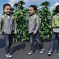 Three Boys With Green Backpacks Gray Shirts Jeans Standing By Green Plants And Blue Sky