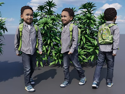 Three Boys With Green Backpacks Gray Shirts Jeans Standing By Green Plants And Blue Sky 3d model