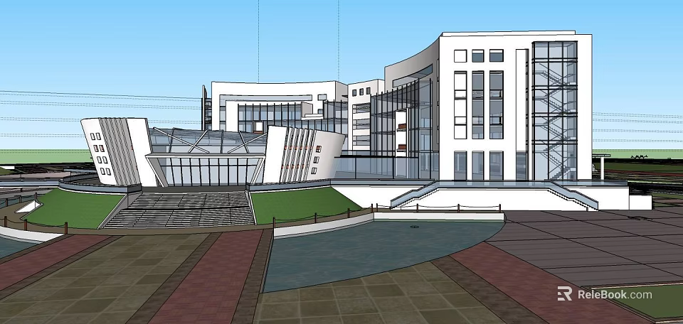 Modern Architectural Building With Glass Curtain Walls Plaza Water Pool And Lawn 3d model 