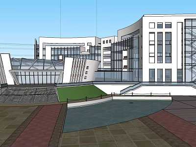 Modern Architectural Building With Glass Curtain Walls Plaza Water Pool And Lawn 3d model