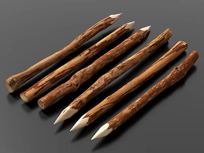 Stone Wood Crafted Wooden Sticks With White Tips Displayed On Dark Background 3d model