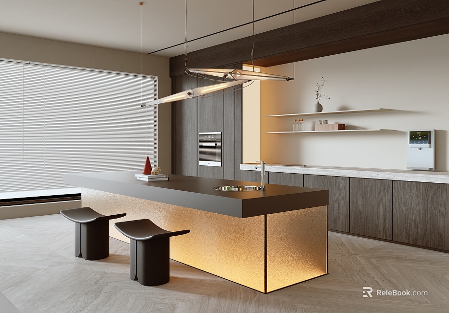 Modern Restaurant Open Kitchen Design With Island Counter And Pendant Lights 3d model 