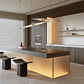 Modern Restaurant Open Kitchen Design With Island Counter And Pendant Lights