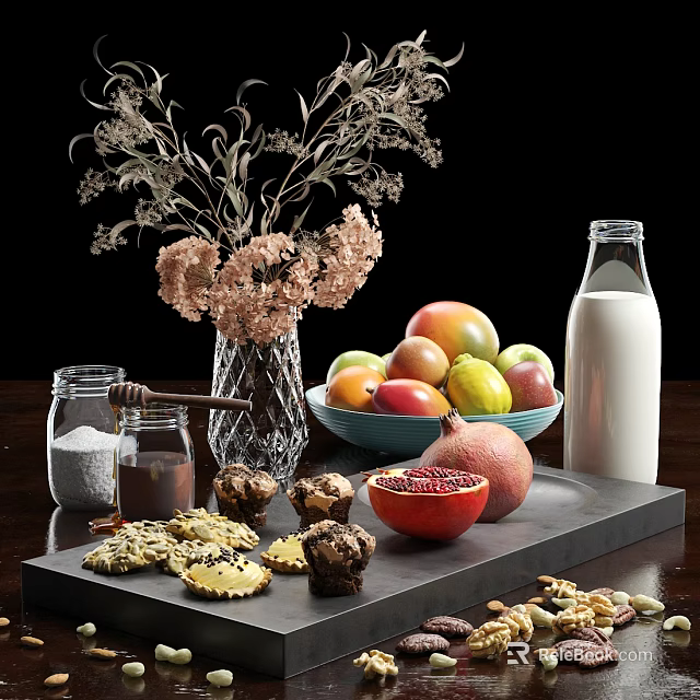 Fresh Mixed Fruits Nuts Muffins Cookies Milk And Jars On Black Tray 3d model 