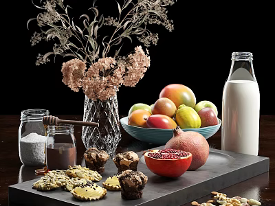Fresh Mixed Fruits Nuts Muffins Cookies Milk And Jars On Black Tray 3d model