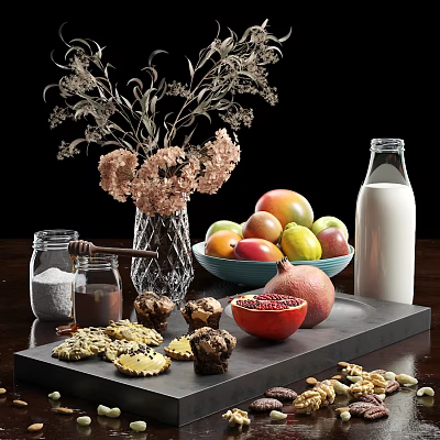 Fresh Mixed Fruits Nuts Muffins Cookies Milk And Jars On Black Tray 3d model