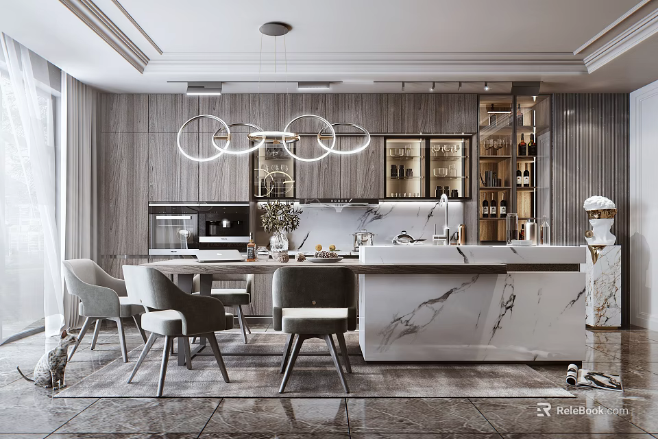 Elegant Modern Restaurant Interior With Marble Counter Dining Table And Pendant Lights 3d model 