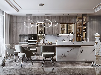 Elegant Modern Restaurant Interior With Marble Counter Dining Table And Pendant Lights 3d model