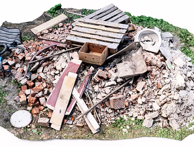 Scattered Stones and Wood Debris With Wooden Planks Bricks and Green Plants 3d model