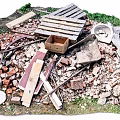 Scattered Stones and Wood Debris With Wooden Planks Bricks and Green Plants