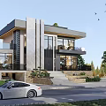 Modern Detached Villa Exterior Design With Large Glass Windows Driveway And Trees Surrounding