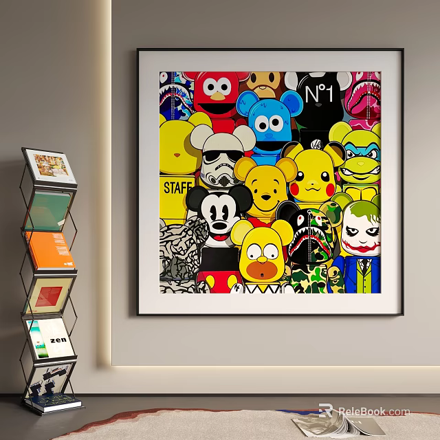 Abstract Painting with Vibrant Cartoon Characters Background STAFF Text Lively Style Wall Mounted Near Bookshelf 3d model 
