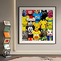 Abstract Painting with Vibrant Cartoon Characters Background STAFF Text Lively Style Wall Mounted Near Bookshelf