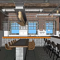 Modern Industrial Bar Interior With Bricked Walls Long Wooden Counter Metallic Stools Patterned Floor Tiles