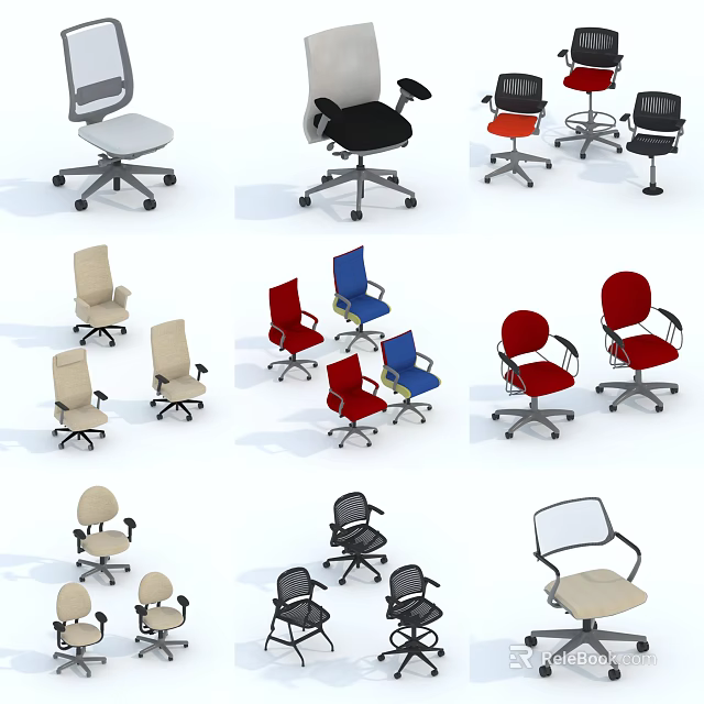 Ergonomic Office Chairs In Various Styles With Different Colors And Wheels 3d model