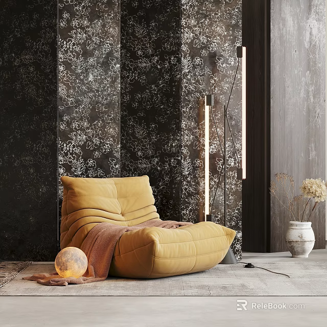 Cozy Yellow Bean Bag Chair in Room with Textured Walls Floor Lamp and Dried Flowers 3d model 