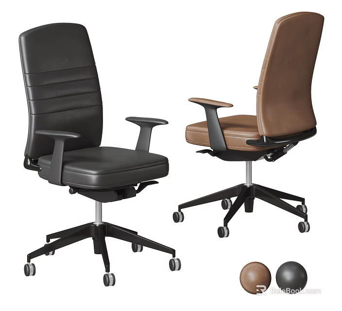 Modern Office Chair in Black and Brown Leather with Armrests and Swivel Wheels 3d model 