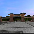 Traditional Chinese Paifang Archway With Spacious Square And Green Hillside At Sunset