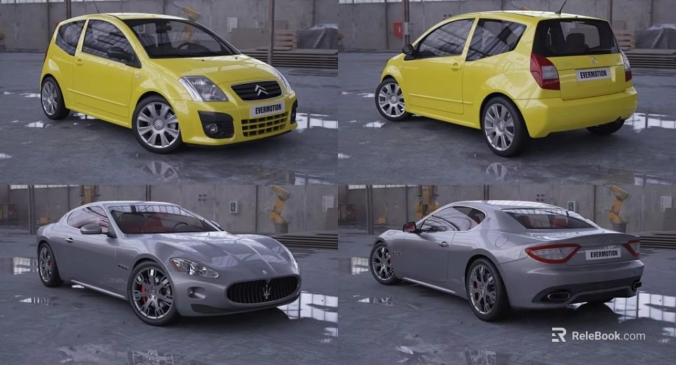 Yellow and Silver Cars Front and Rear Exterior Views in Garage Setting 3d model 