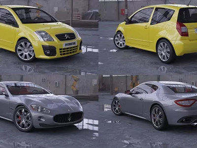Yellow and Silver Cars Front and Rear Exterior Views in Garage Setting 3d model