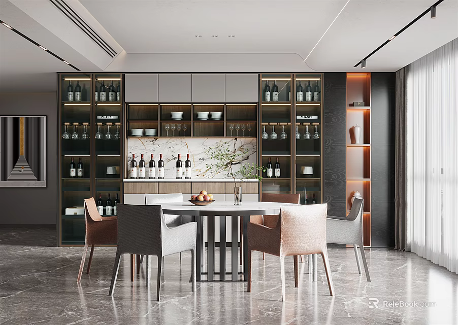 Modern Restaurant Interior Design With Dining Table Chairs Wine Cabinets And Marble Floor 3d model 