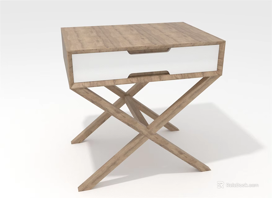 Wooden Bedside Table with Crossed Legs and Drawer Simple Modern Design Natural Wood Tabletop 3d model 